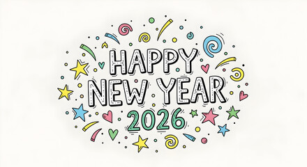 Hand drawn happy new year 2026 greeting with colorful doodle elements