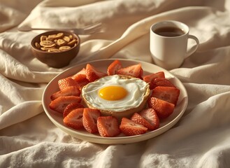 Sunlit Gourmet Breakfast Plate with Fresh Fruits and Sunny-Side Eggs on Soft Fabric Background