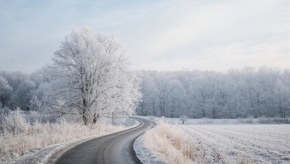 Fototapeta premium Rural winter landscape featuring rime frost on trees, highlighting seasonal change
