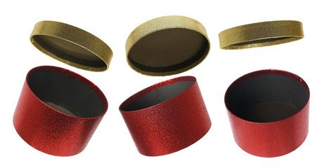 Мagic box, set blank open gift, present red golden pack with lid flying, isolated on white...