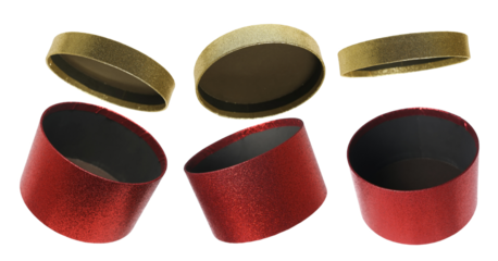 Мagic box, set blank open gift, present red golden pack with lid flying, isolated on white background, clipping pat