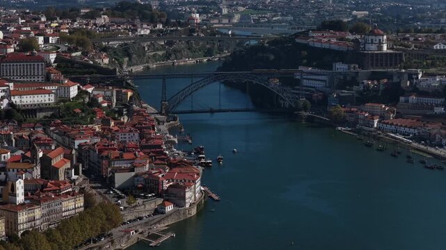 Cityscape of Porto with the bridges and boats on the Douro river
