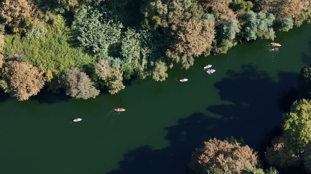 People padling on the river with kayaks and SUPS