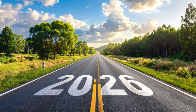 Scenic road stretching into distance with large white “2026” painted on asphalt, flanked by trees and mountains, warm sunrise or sunset glow, evoking journey, progress, and future anticipation.