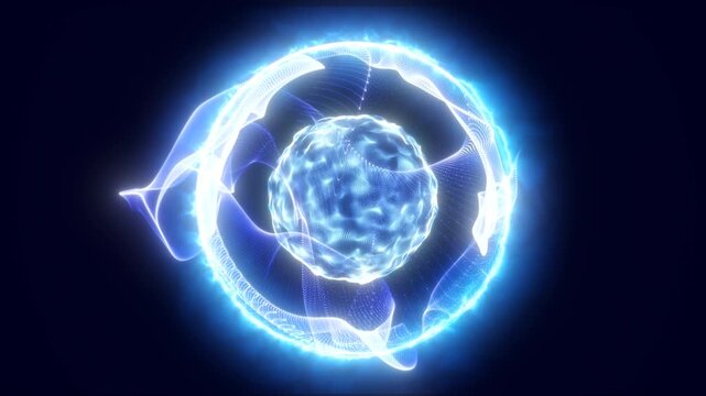Bright blue energy sphere surrounded by flowing luminous ribbons of particles creating a powerful electric aura