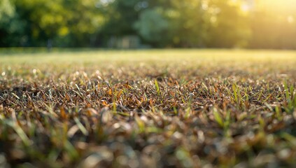 Obraz premium Dry and damaged grass in a yard, emphasizing lawn maintenance for health and appearance