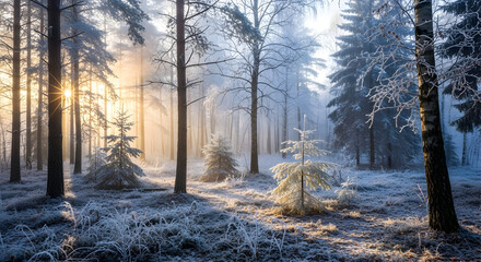 Sunlight through a winter forest with frost covered trees and ground