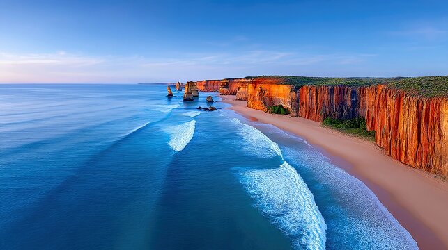 Aerial view of the Twelve Apostles rock formations along the coastline of Australia, with waves crashing on the beach at sunset.