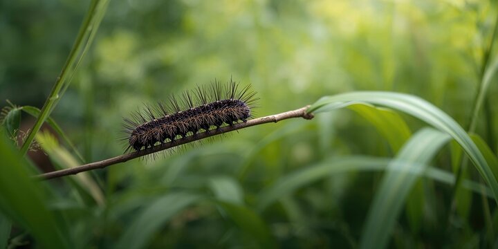 Close-up of a black hairy caterpillar on a tree branch emphasizing body texture and spiky hairs, focusing on insect adaptation - Powered by Adobe