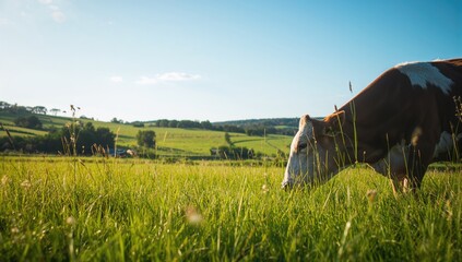 Obraz premium Close-up of a cow grazing in a meadow on a lush green field, emphasizing sustainable farming practices, Earth Day