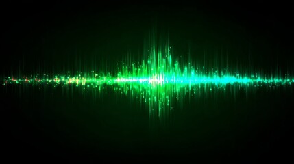 Vibrant green sound wave pulsing with energy and light against a dark background creating a dynamic and modern abstract design