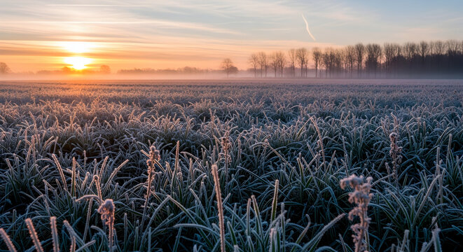 Sunrise over a frosty field with trees in the distance on a cold morning