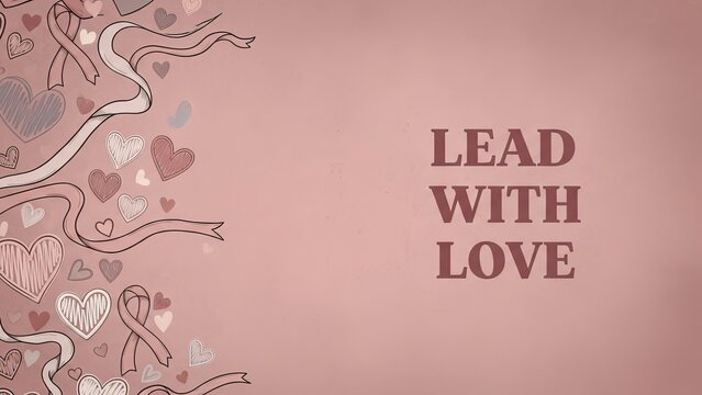 Hearts and ribbons on a pink background with the words lead with love in the center right side - Powered by Adobe
