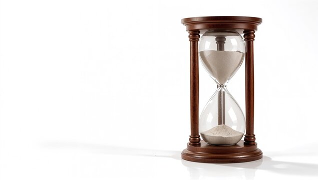 Sand timer on white background used for measuring elapsed time, clean setting for timing activities - Powered by Adobe