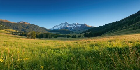 Obraz premium Landscape of lush green meadows with forested hills and snow-capped mountains in the background, emphasizing seasonal change