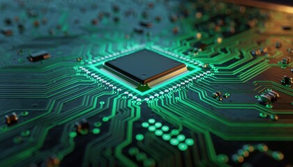 Close-up of a glowing green central processing unit on a computer motherboard.
