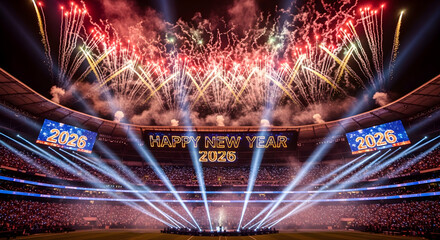 Spectacular fireworks and light show illuminate a stadium crowd during a celebration