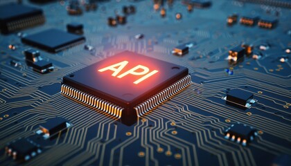 Close-up of a glowing API chip on a circuit board, representing technology and data transfer.