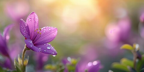 Purple flowers with morning dew drops in a lush garden, emphasizing freshness and tranquility, Earth Day