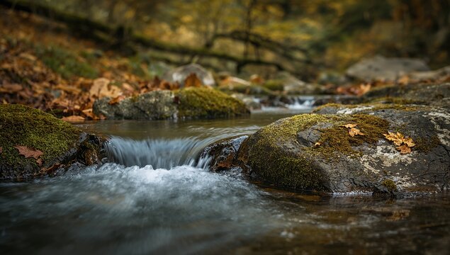 Mountain stream flowing through autumn forest with selective focus, capturing seasonal erosion risk