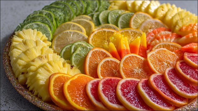 Vibrant tropical fruit platter perfect for summer party or healthy snack promotion with pineapple, citrus, and papaya slices