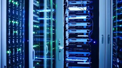 Server room interior showing racks with network equipment, illuminated by green and blue lights - Powered by Adobe