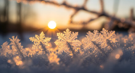 Golden hour frost delicate ice crystals illuminated by the setting sun