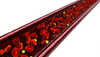 Close-up view of red blood cells and white blood cells flowing through a blood vessel.