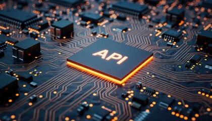 Close-up of a Microchip with the word API illuminated on its surface, representing technology and data exchange.