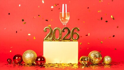 Festive New Year scene with golden “2026” digits on white circular platform, surrounded by gold ornaments, scattered confetti, and champagne glass, set against vibrant red celebratory background.