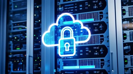 A server room showcases a cloud with a lock overlayed on the equipment, emphasizing data protection - Powered by Adobe