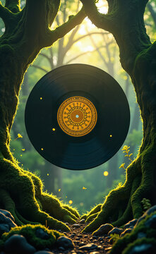 A vinyl record mockup in a magical celtic forest