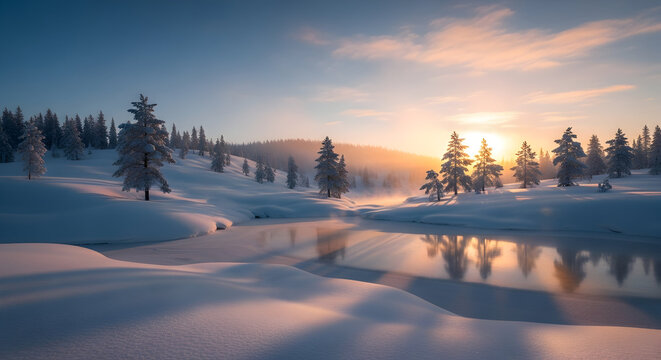 Winter wonderland frozen river reflecting sunset in a snowy forest landscape
