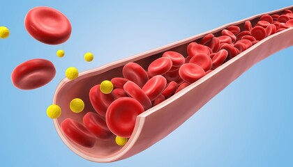 Close-up view of red blood cells and yellow particles flowing through a blood vessel.