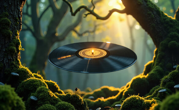 A vinyl record mockup in a magical celtic forest