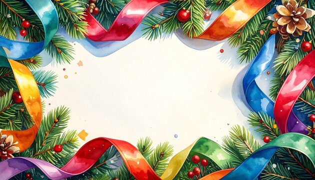 Festive holiday border with evergreen branches, pinecones, red berries, and colorful ribbons in red, blue, orange, and green, framing blank center space on dark background, vibrant and decorative.