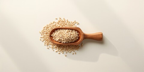 White hand holding mung beans and a cup, serving as a background for text or layout design