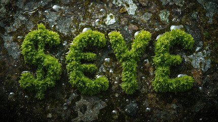 Global Currency Symbols Made of Moss, Nature Finance Concept, Dollar Euro Yen Pound on Wet Rock