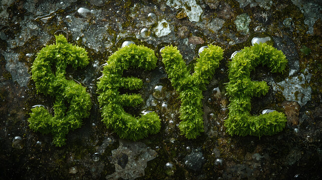 Global Currency Symbols Made of Moss, Nature Finance Concept, Dollar Euro Yen Pound on Wet Rock - Powered by Adobe