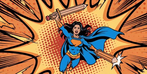 A female superhero in a blue costume wields two large pencils as weapons in a comic book pop art style. - Powered by Adobe