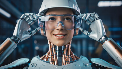 Future of Industry: A technologically advanced robot is adjusting its protective glasses, symbolizing progress and innovation in a modern industrial setting. 