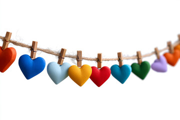 A row of vibrant multicolored hearts hanging from twine creates a cheerful, love-themed decoration ideal for festive or romantic designs.