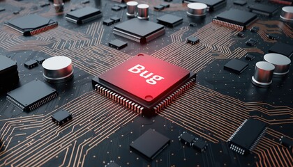 Computer Chip with Bug Symbol Glowing Red on Circuit Board.