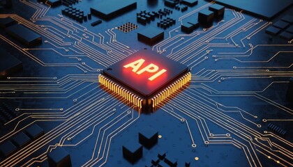 Digital API Chip on Futuristic Circuit Board Technology Concept.