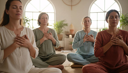 Holistic retreat scene with participants meditating with hands over their hearts, capturing mindfulness, spiritual calm, and inner connection in nature