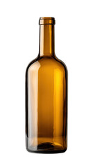 Empty brown glass bottle standing upright, showcasing its clear texture and classic design, ideal for packaging various alcoholic beverages with a transparent background, png