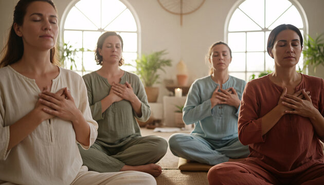Holistic retreat scene with participants meditating with hands over their hearts, capturing mindfulness, spiritual calm, and inner connection in nature
