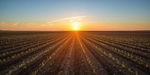 Fototapeta premium Plowed and planted fields at sunset, emphasizing agricultural activity and seasonal change