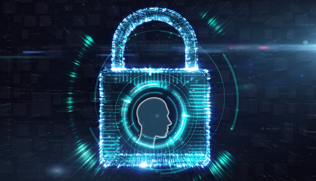 Digital Lock: Digital lock with head silhouette symbol highlighting data security and privacy. Showcasing protection of sensitive information in the digital age.
