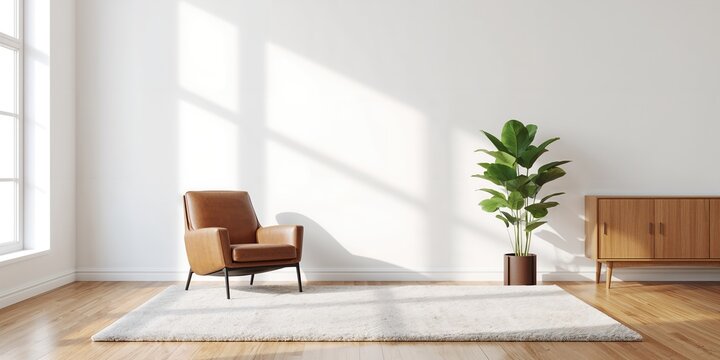 Interior design for a living room or reception area featuring a white wall, armchair, cabinet, and plant, arranged on a carpet with wood flooring, suitable for layout planning